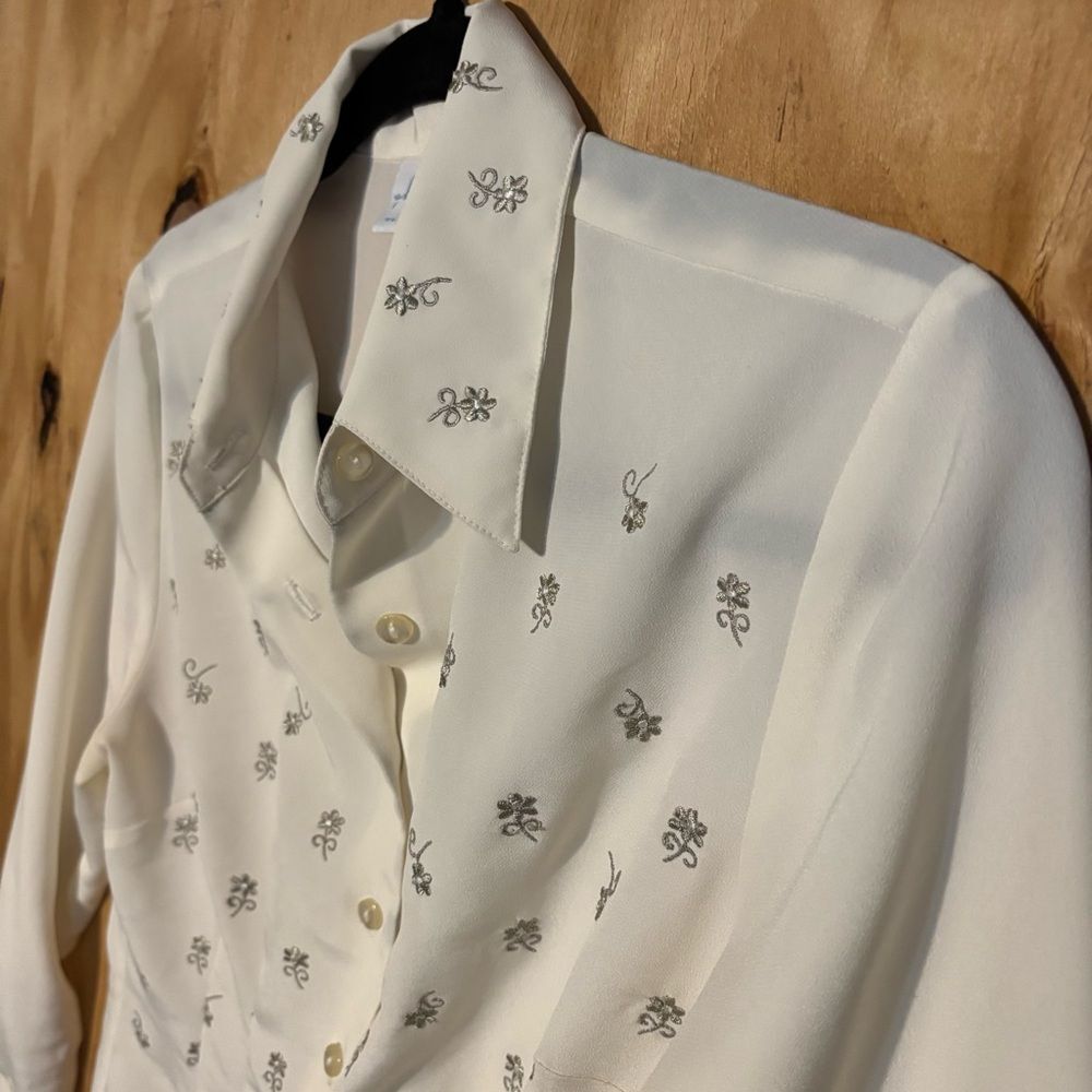 Vintage Ship N Shore Embroidered Floral Off White Button Up Blouse Sz 4 Fairy - Picture 2 of 7